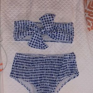 Blue smocked gingham high waisted bikini set